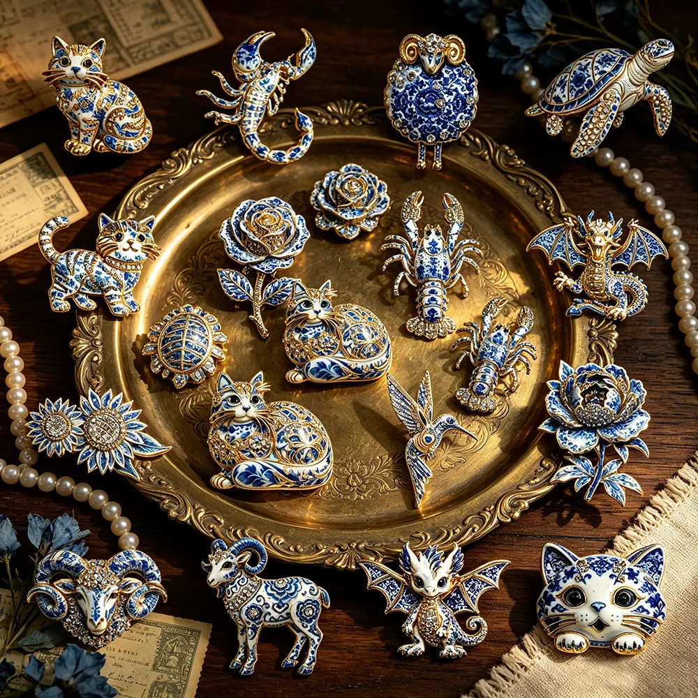 Blue White Porcelain Enamel Animal Brooch Cat Dragon Scorpion Turtle Flower Crystal Lapel Pin Vintage Scarf Bag Jewelry Gift