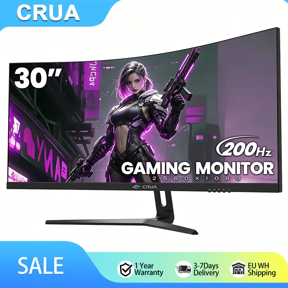 Monitor Curvo para Juegos CRUA de 30 Pulgadas, Monitor de Computadora de 200Hz, Pantalla VA FHD (2560 * 1080P) 1500R, Monitores de PC con 120% sRGB, Compatible con AMD FreeSync, Instalación en Pared (HDMI, DP) – Negro