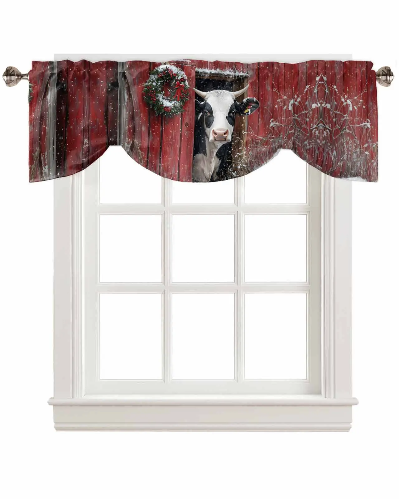 Christmas Farmhouse Cows Wreath Window Curtain Living Room Kitchen Cabinet Tie-up Valance Curtain Rod Pocket Valance