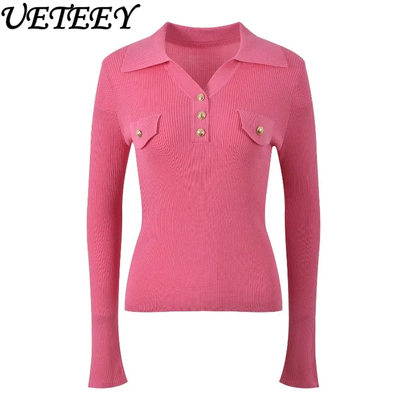 

2025 Autumn New French Style Metal Button Turn-Down Collar Pullover Solid Color Slim Fit Long Sleeve Knitted Tops for Women