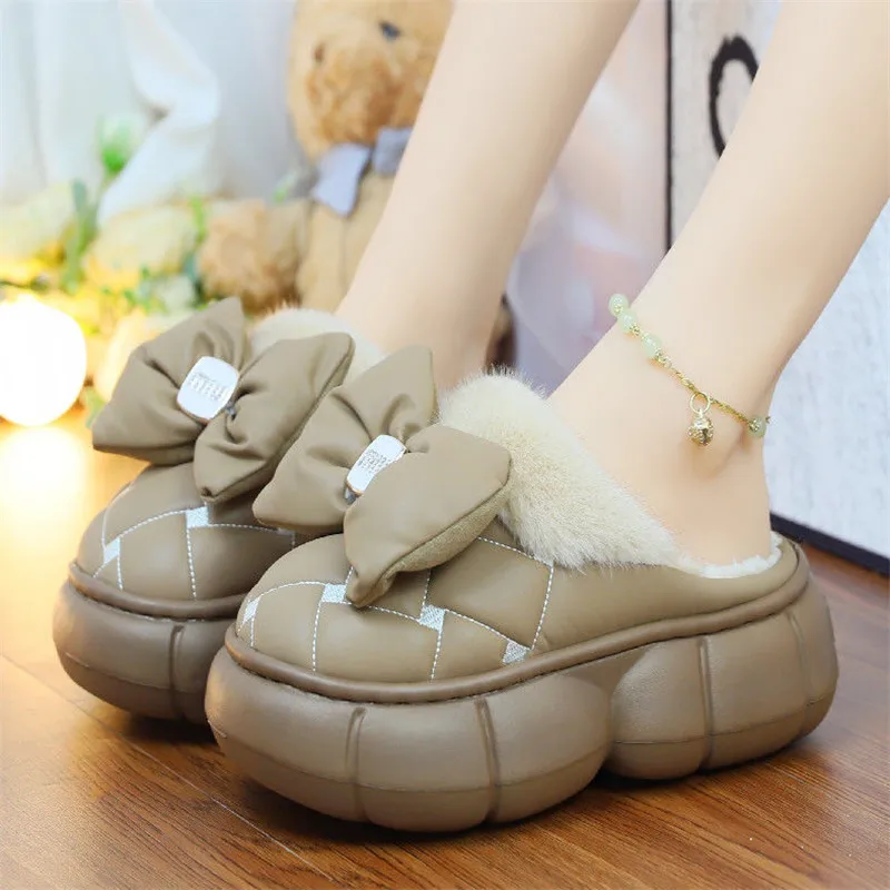 Shoes Woman 2024 Slipper Warm Butterfly-Knot Platform Heeled Mules Winter Flat High Soft Butterfly-knot Slides House Slippers Pl