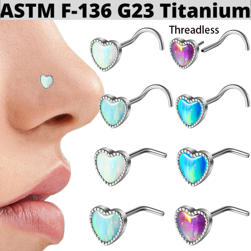 1PC Titanium Opal L Shape Nose Bone Ring Heart Top Threadless Nose Piercing Retainer Holder Nazir Stud Body Piercing Jewelry 20g