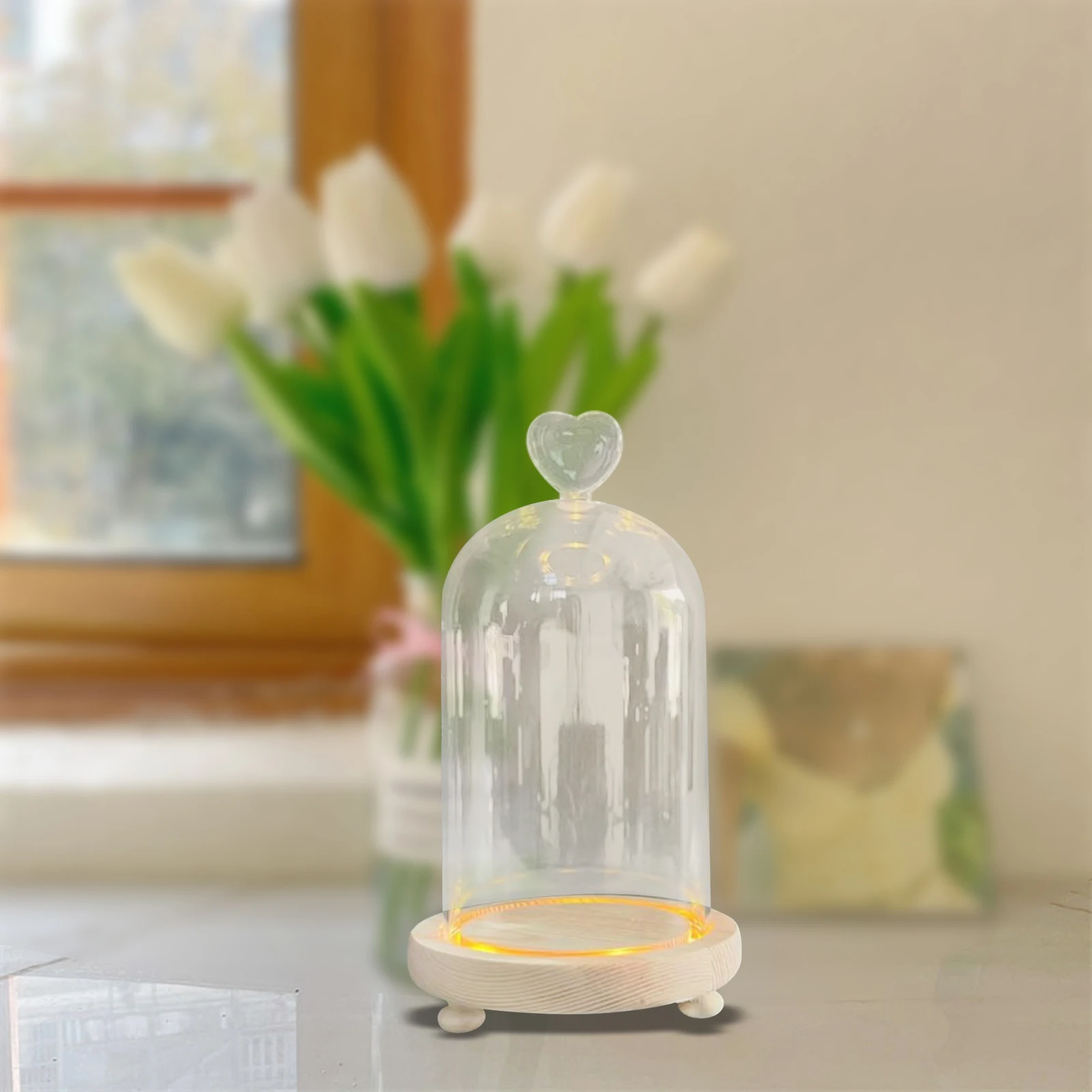 Clear Glass Cloche Dome Wooden Base Terrarium Eternal Flowers Glass Domes Showcase Transparent Dome Cloche Heart