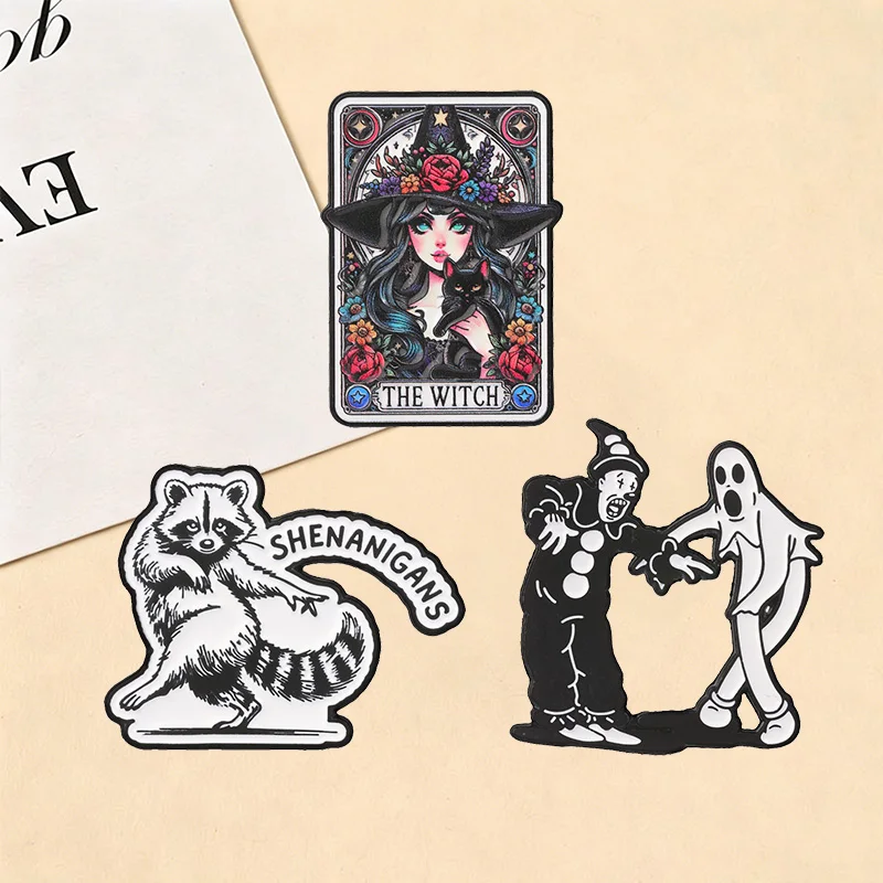 Halloween Spooky Tarot Witch Mischief Raccoon Clown Ghost Enamel Badge Variety Art Decor Pin Set Gift For Gothic Fans