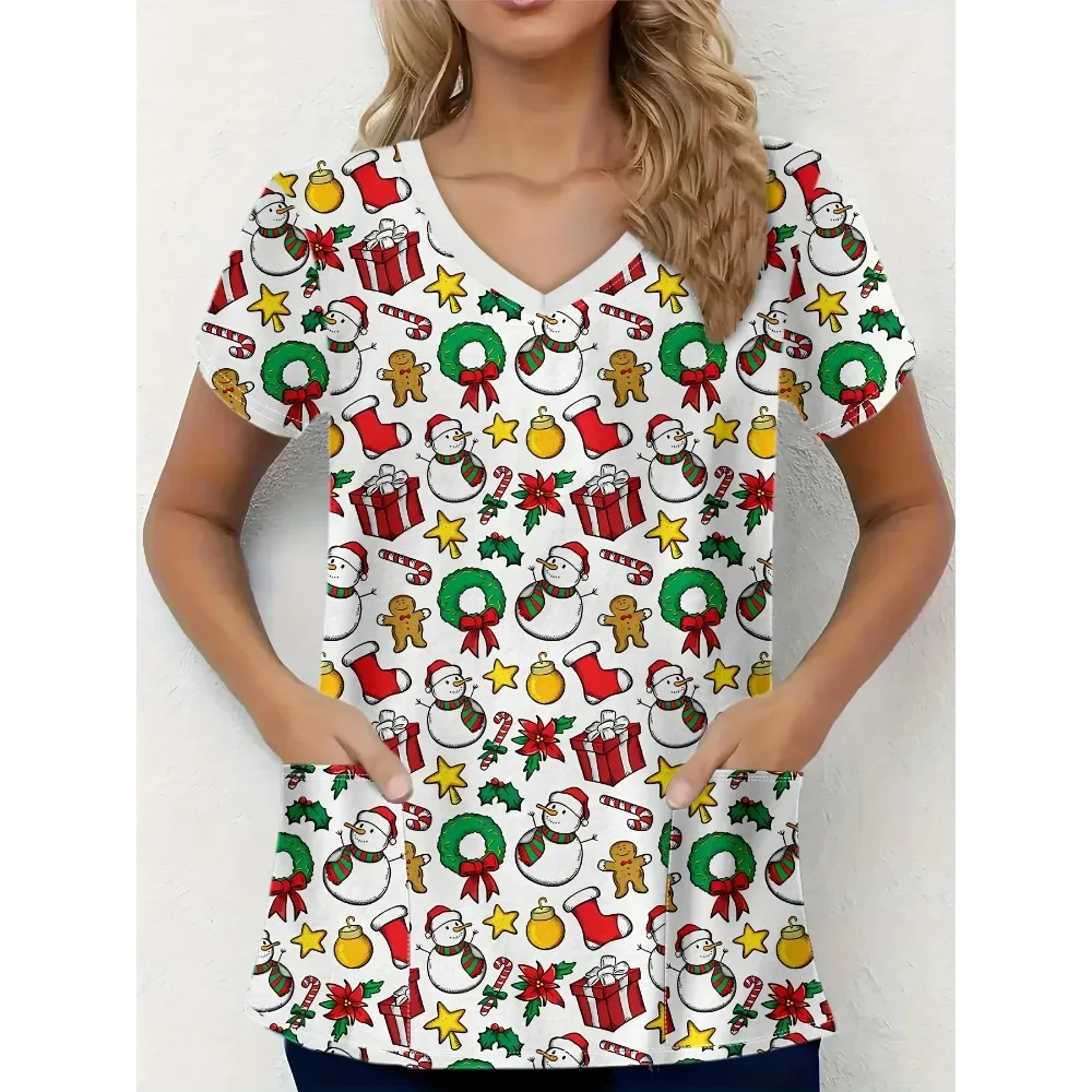 Nurse Uniform Fashion Women\'s Christmas Snowman Printed Short Sleeve V-neck Santa Claus Work Uniform Medical Work Uniform