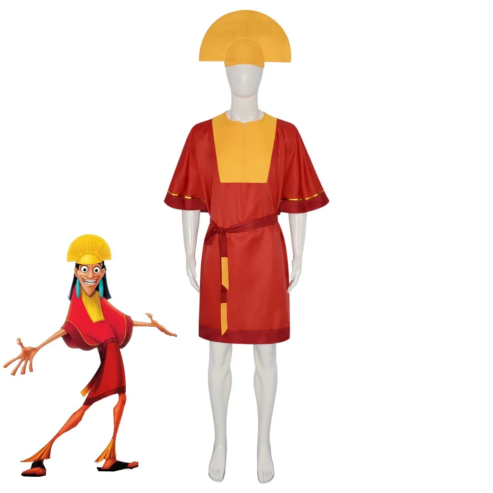 Anime Emperor Kuzco Cosplay Costume King red Jumpsuit Yellow Hat Belt Outfits with Men Halloween Fancy Uniform