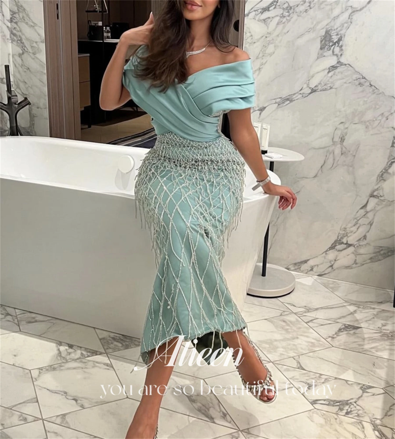 Luxurious Mermaid Glitter Bead Embroidery Grace Satin Evening Dress Graduation Cocktail of Dresses Dubai Luxury Bride customized