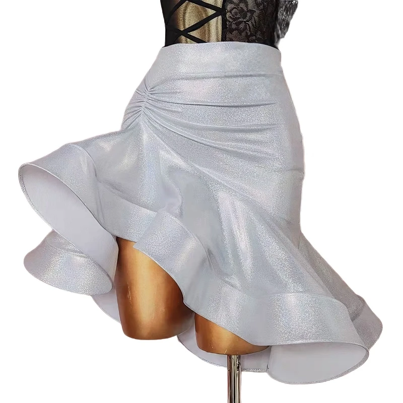 Latin Dance Outfit Black Lace Crisscross Bodysuit with Shiny Ruffled Skirt for Women Salsa Rumba Performance