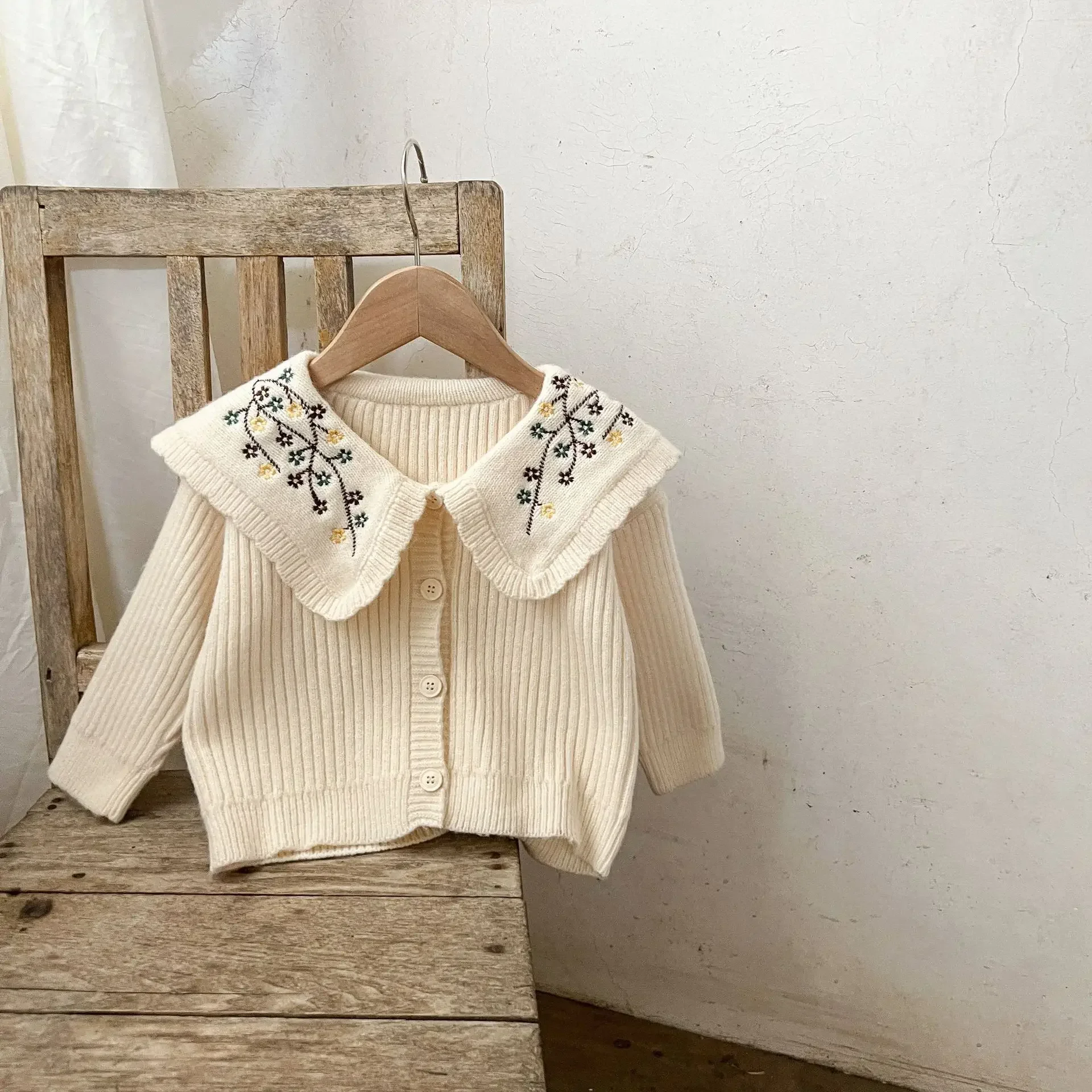 4997C Girl's Clothes Knitted Sweater Coat 2023 Spring Autumn New Baby Doll Collar Cardigan Cute Big Lapel Sweater Tops