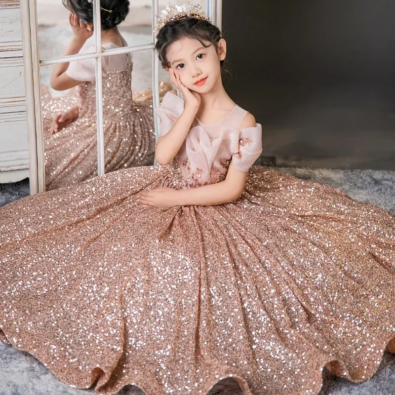 ICJAEHAO Little Girls Luxury Fancy Princess Long Dress Sequin Evening Party Dresses Kids Piano Performance Temperament Children