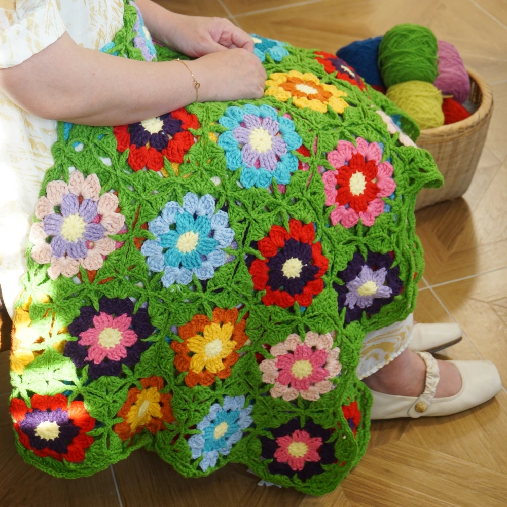 Handmade Granny Square Crochet Throw Green Blanket Sweater Style Year Round Gift Travel Accent for Sofa Home Decor