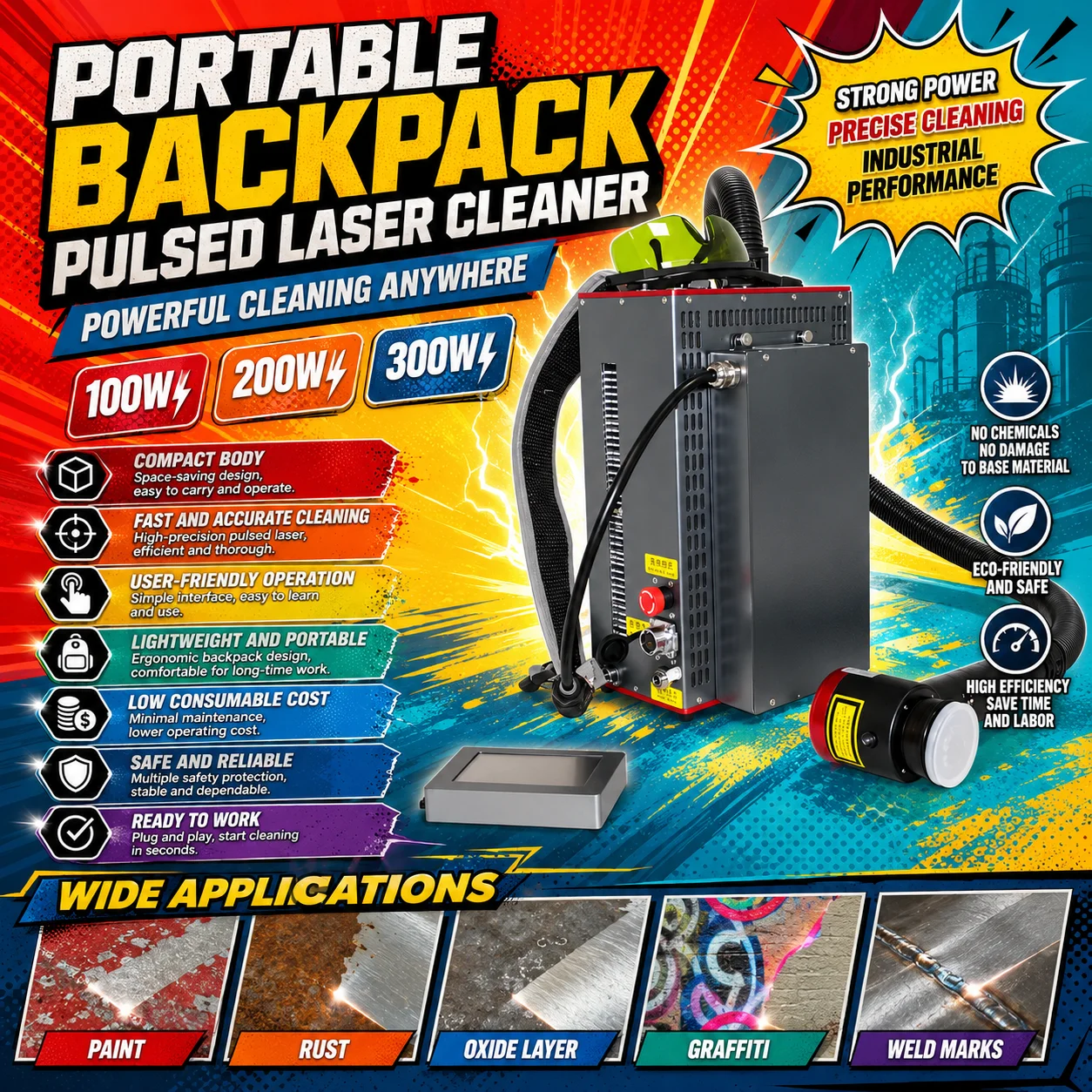 Ultra-Light Handheld Pulsed Laser Cleaning Machine 100w 200w 300w Simple Touch Screen Control Easy Operation High Precision