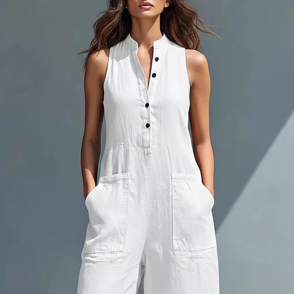 

Women's Linen Blend Jumpsuit Sleeveless Wide Leg Casual Jumpsuit Stand Collar Button Down Loose Overalls With Pockets Jumpsuits
