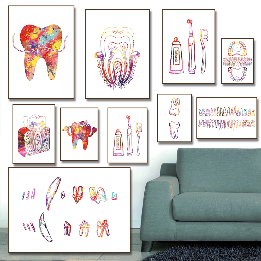 (2D Canvas Painting)  1pc framless Canvas Painting Watercolor Teeth Implant Canvas Painting Tooth Fairy Dental Art Poster Den