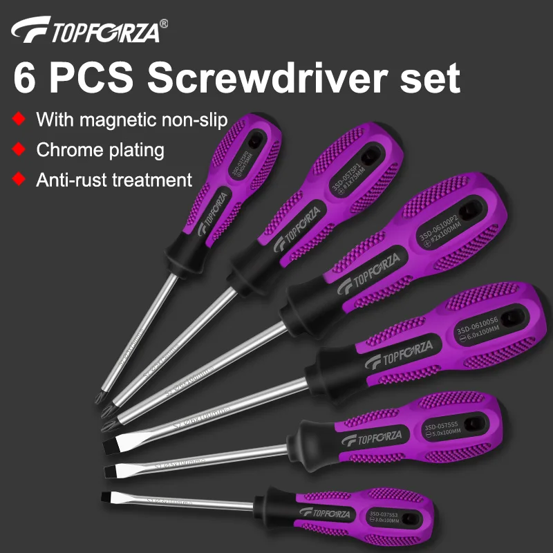 TOPFORZA screwdriver set rubber handle anti-slip 6-piece, cross-head screwdriver, flat-head screwdriver