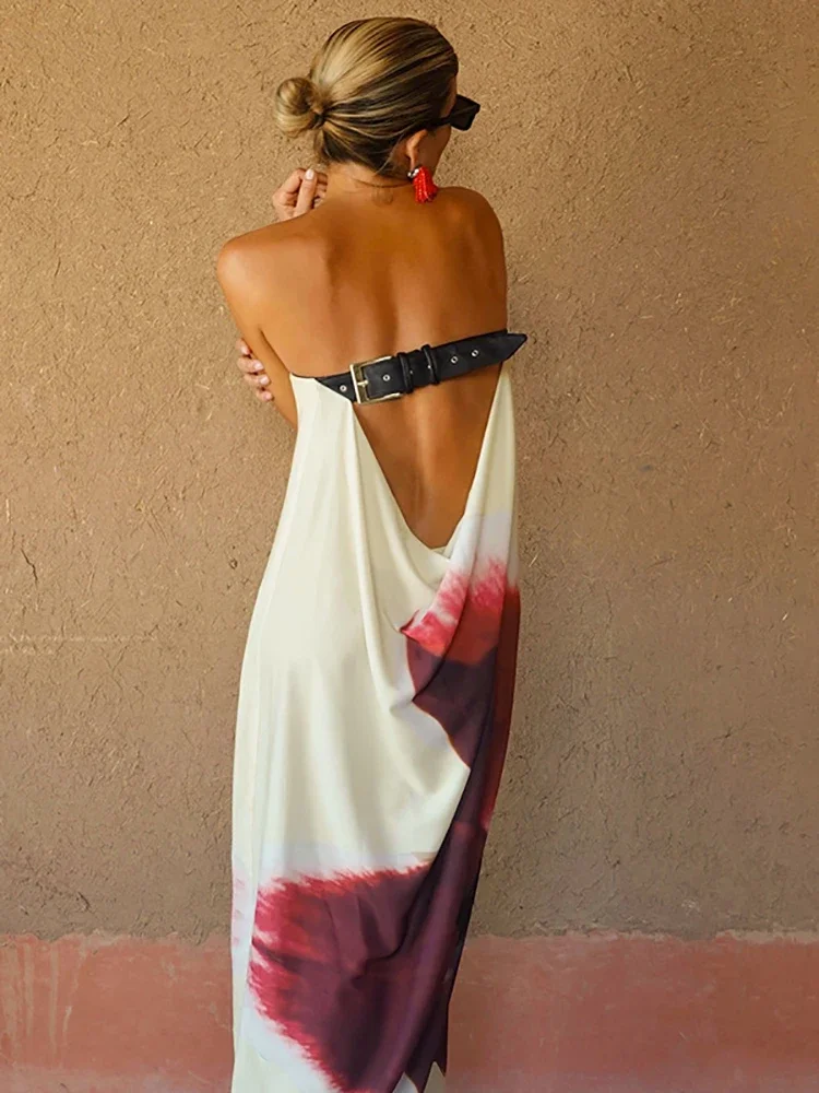

JULISSA MO Sexy Strapless Print Floral Belt Women Maxi Dress Yellow Backless Vacation Dress Autumn Loose Elegant Party Beachwear