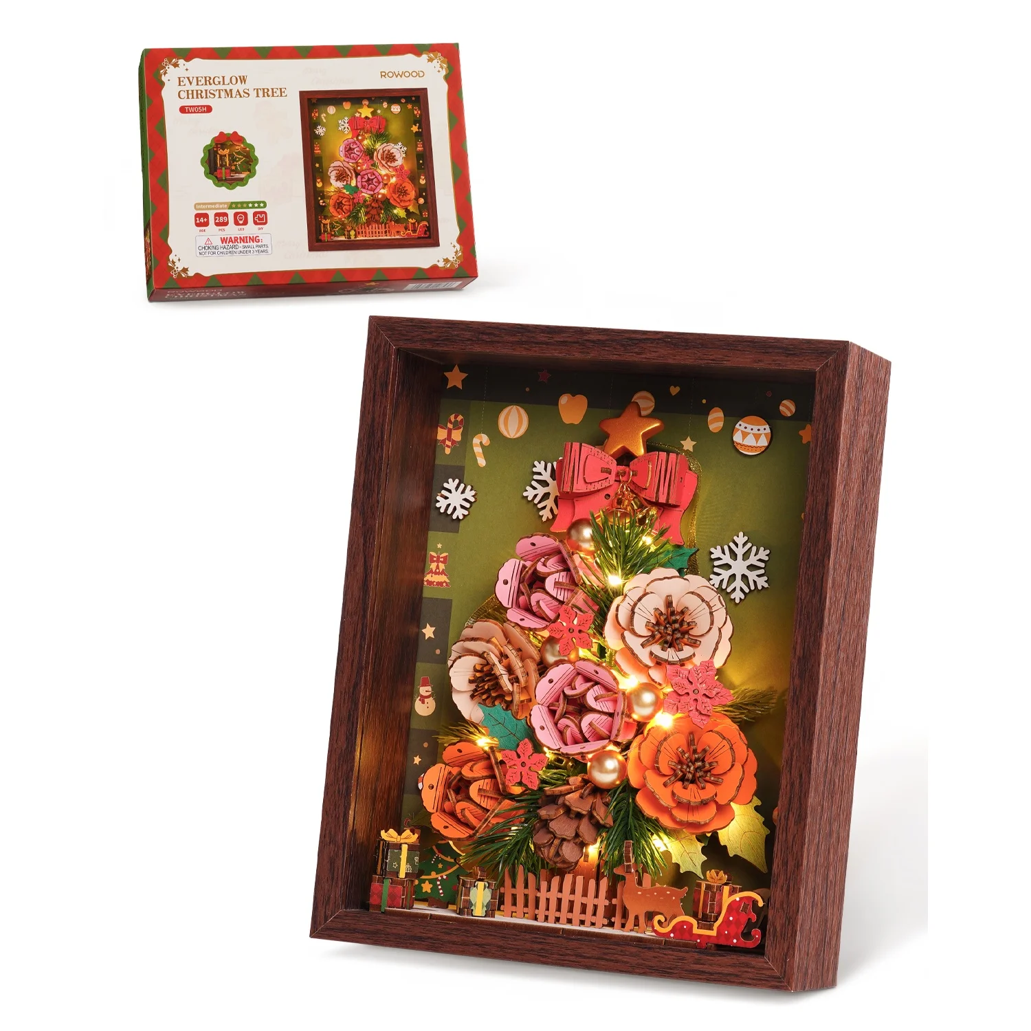 Rolife Wooden 3D Puzzle Toys - Everglow Christmas Tree Photo Frame with LED Light for Wall Decor DIY Flower Bouquet Model Building Kit for Christmas Decor Ideal Christmas Gift