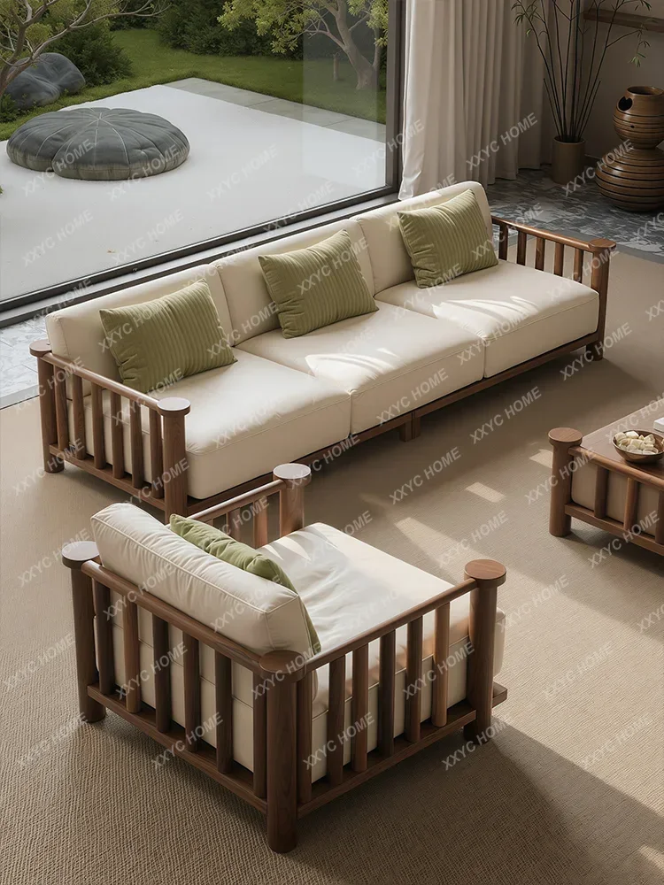 M183 Designer solid wood sofa, vintage style, new model, living room vertical row three-person natural wood