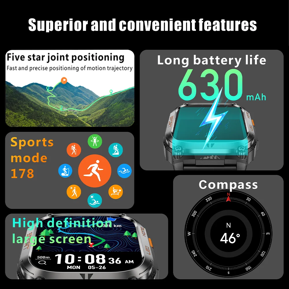New For Huawei 630mAH Military GPS Smart Watch Men Flashlight Compass Waterproof Outdoor Sport Tracker Bluetooth Call Smartwatch