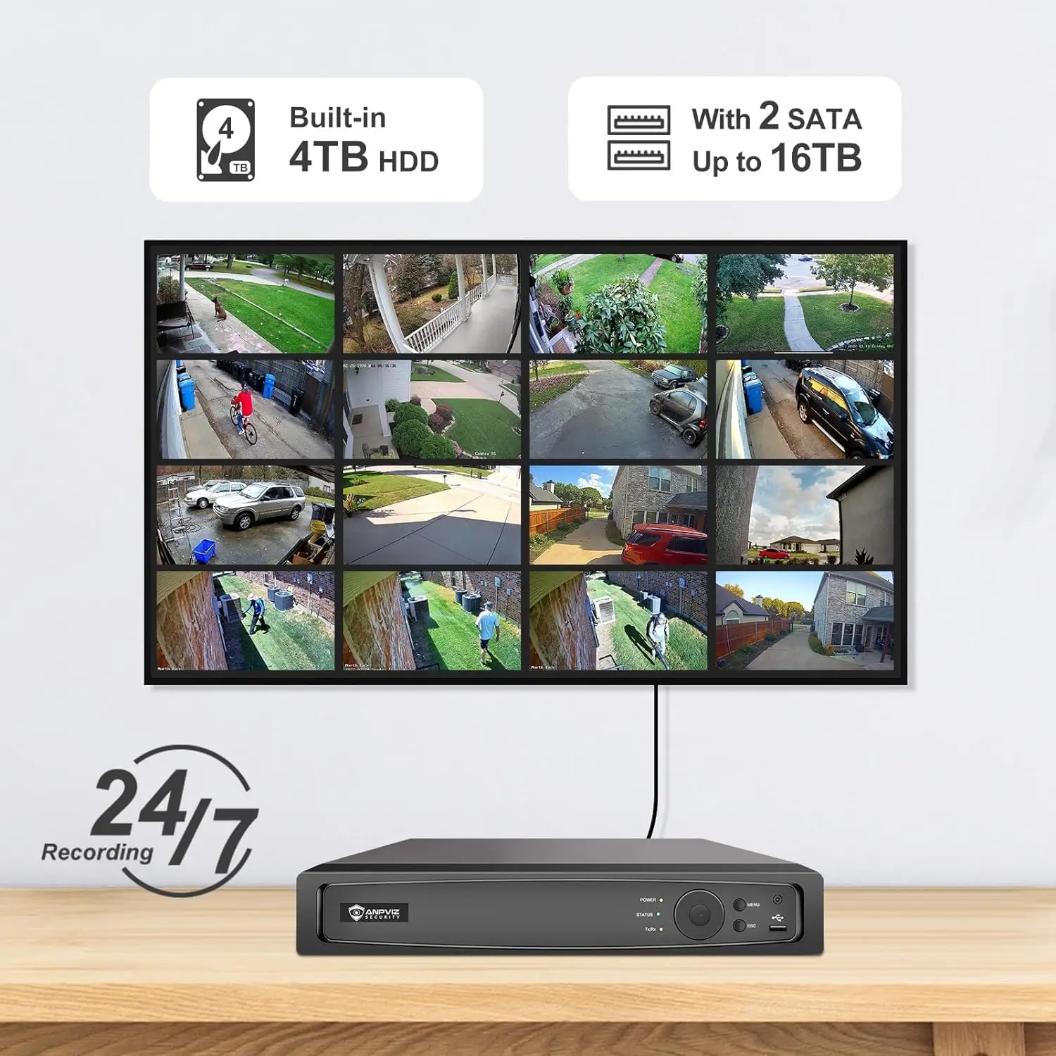 Anpviz 16CH 4K PoE Security Camera System 16pcs H.265+ Wired 8MP IP Cameras Color Night Vision 12MP PoE NVR for 24/7 Recording