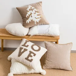Christmas Cushion Heart Tree Sugar Beige White Red Pillow Cover for Home Decoration Soft Chenille Plush Tufted Emboridered