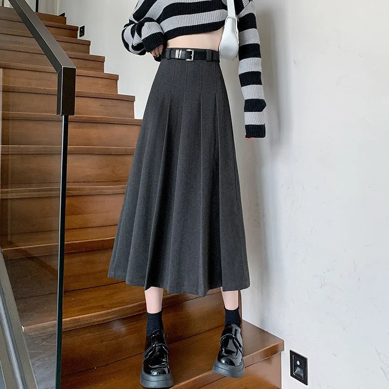 

Women's Woolen Mini Midi Skirt Autumn Winter Grey Small Size A-Line Pleated High Waist Slimming Drapey Suit Style Skirt