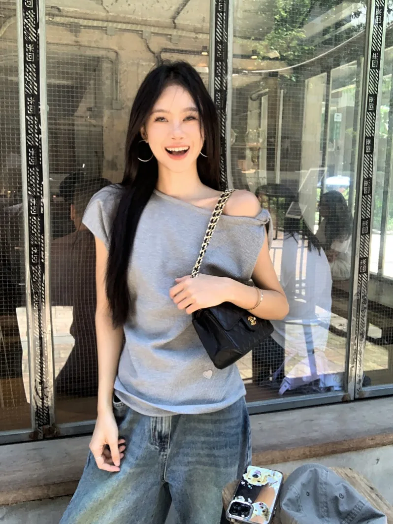 Loose Fit ey oulder Bared ort Sve Camiseta Feminina Verão Design Casual Top Solto Confortável Lazer Sle Commute F...