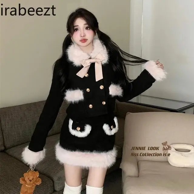 Wool Collar Clip Cotton Thickened Coat Women\'s Autumn and Winter Set Hip Skirt Two-piece Set Winter Костюм Женский С Юбкой