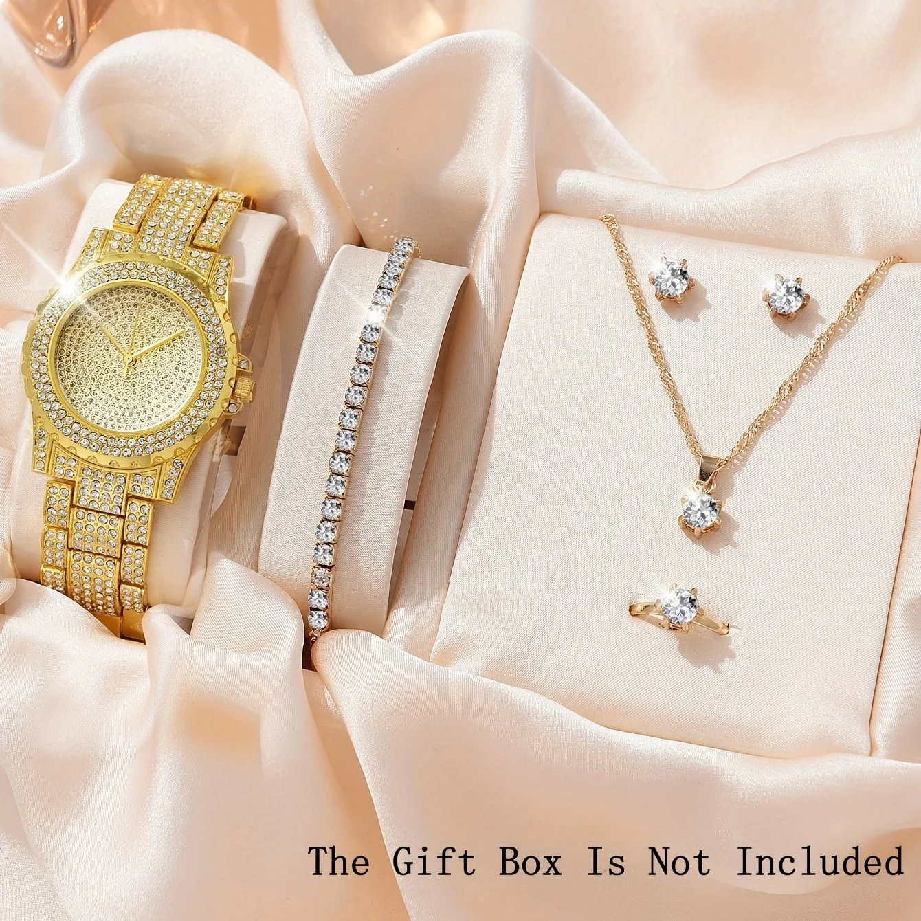 1pc Rhinestone Decor Quartz Watch Luxury Analog Party Dress Watch & 5pcs Jewelry Set, Gift For Mom/Her