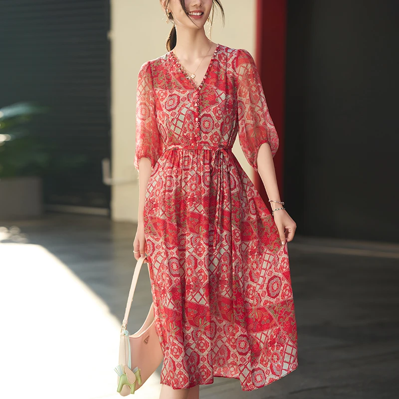 New 100% Real Silk Dresses For Women 2026 Summer Elegant Fashion V-neck Vintage Print Red Dress Women's Long Dress A-line