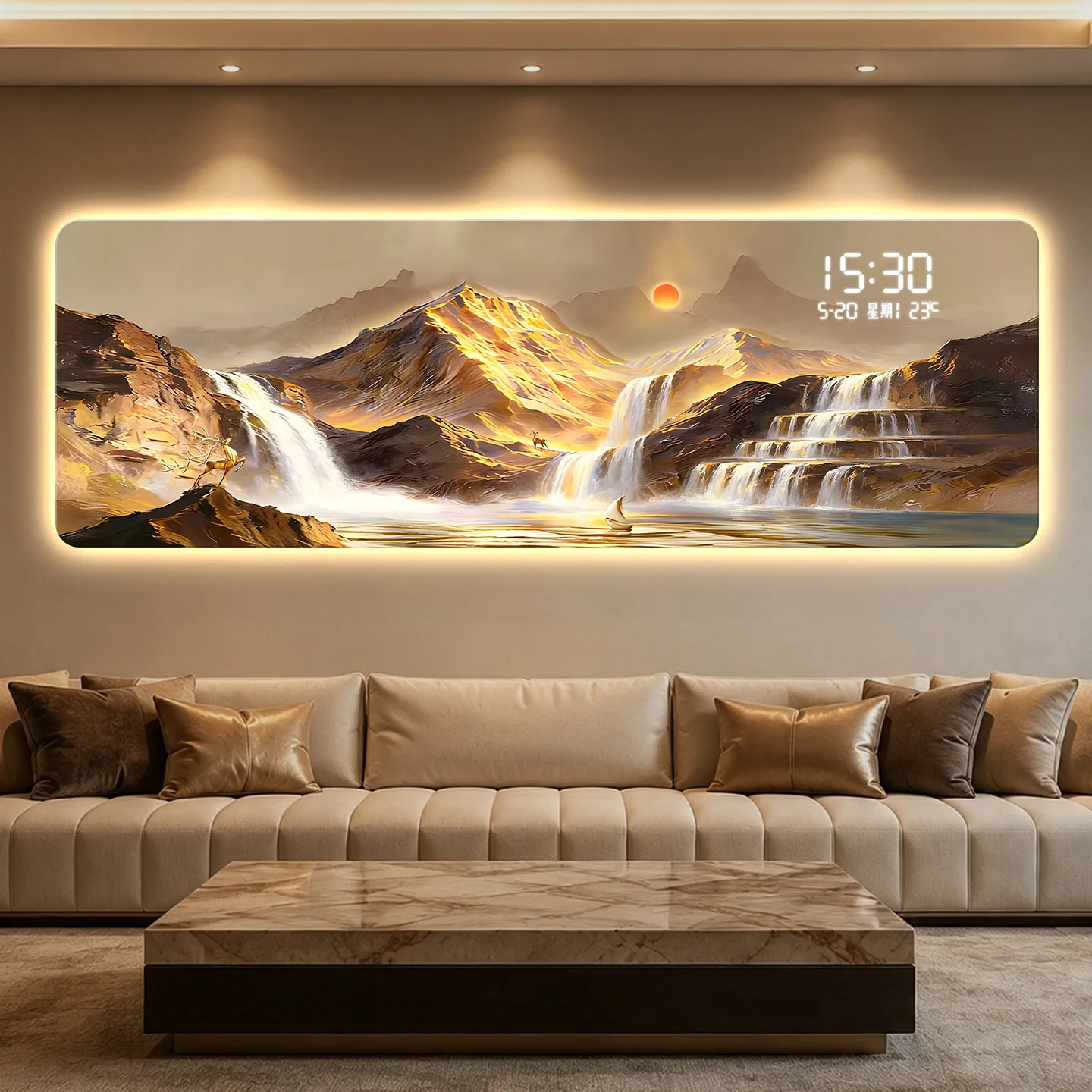 Flowing Water Generating Wealth Living Room Led Decorative Painting Electronic Clock Sofa Background Wall Mural Clock Wall Light