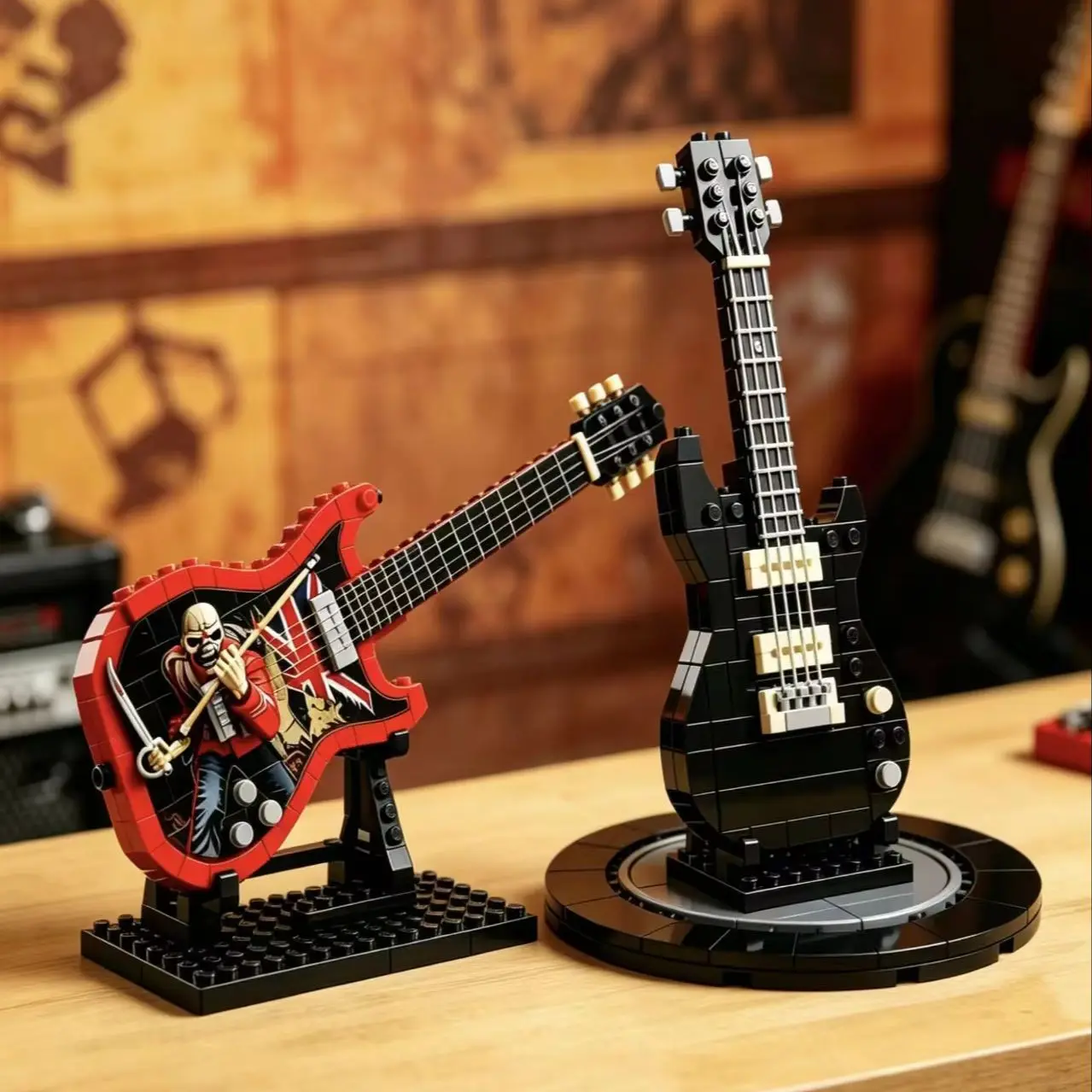 Image of Rock-E-Gitarren-Bausteine MOC Iron Band The Trooper Bricks Modell 50. Jubiläum Desktop-Ornament Musik-Fan-Geschenke