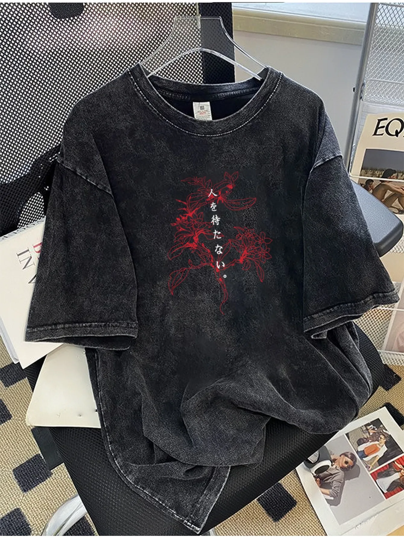 Unisex Vintage Gewaschenes Baumwoll-Oversize-T-Shirt, Harajuku Manga-Stil Grafik-Bedrucktes Casual T-Shirt für Männer und Frauen – Detail 8