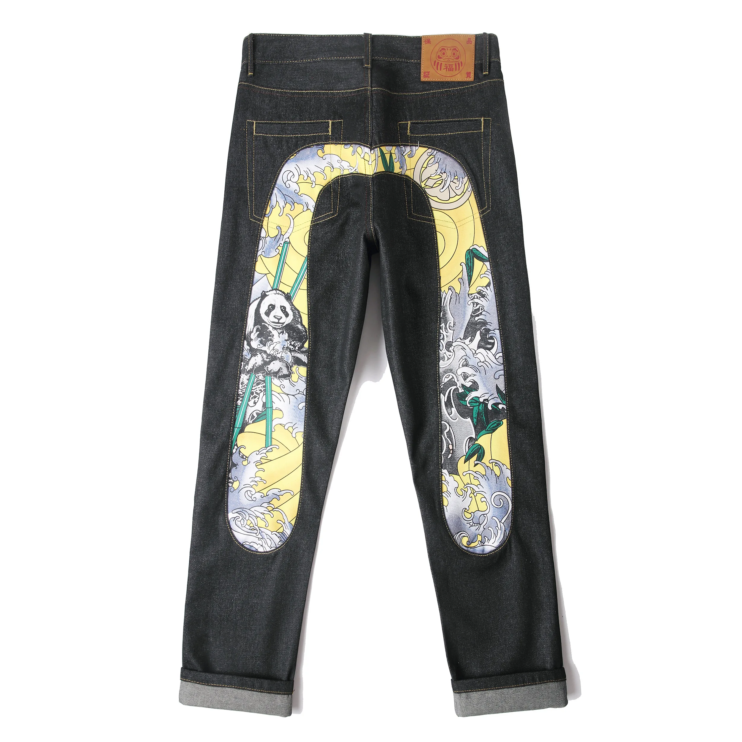 Men's Japanese Handmade Embroidered Cotton Jeans Straight Tube Slim Fit Hip-Hop Trousers Red Ear Detail Devil Big M Golden Text view 4