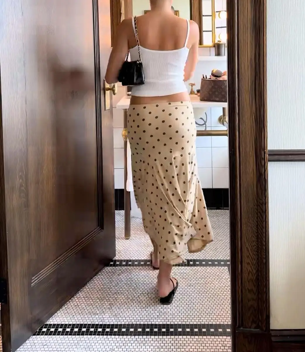 Neuer eleganter brauner und blauer gepunkteter Rock für Damen, asymmetrischer Chiffon-Midirock, Sommermode, Urlaub, lässiger Damenrock