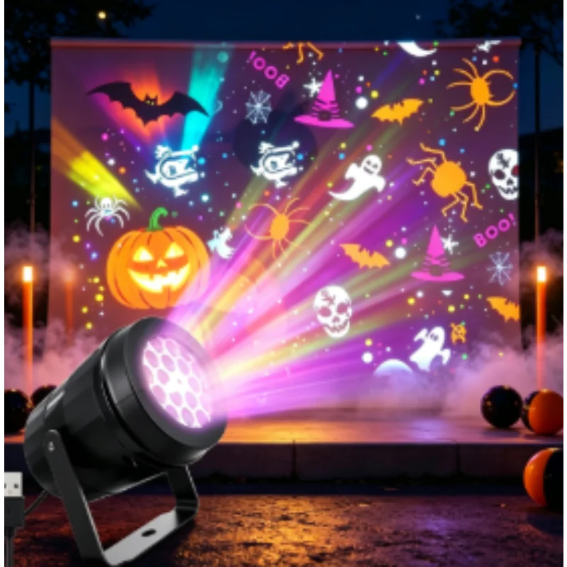 USB Powered Night Light Projector LED Halloween 1 Pc with 16 Patterns Dynamic Pumpkin Skull Spider for Bedroom Home Party