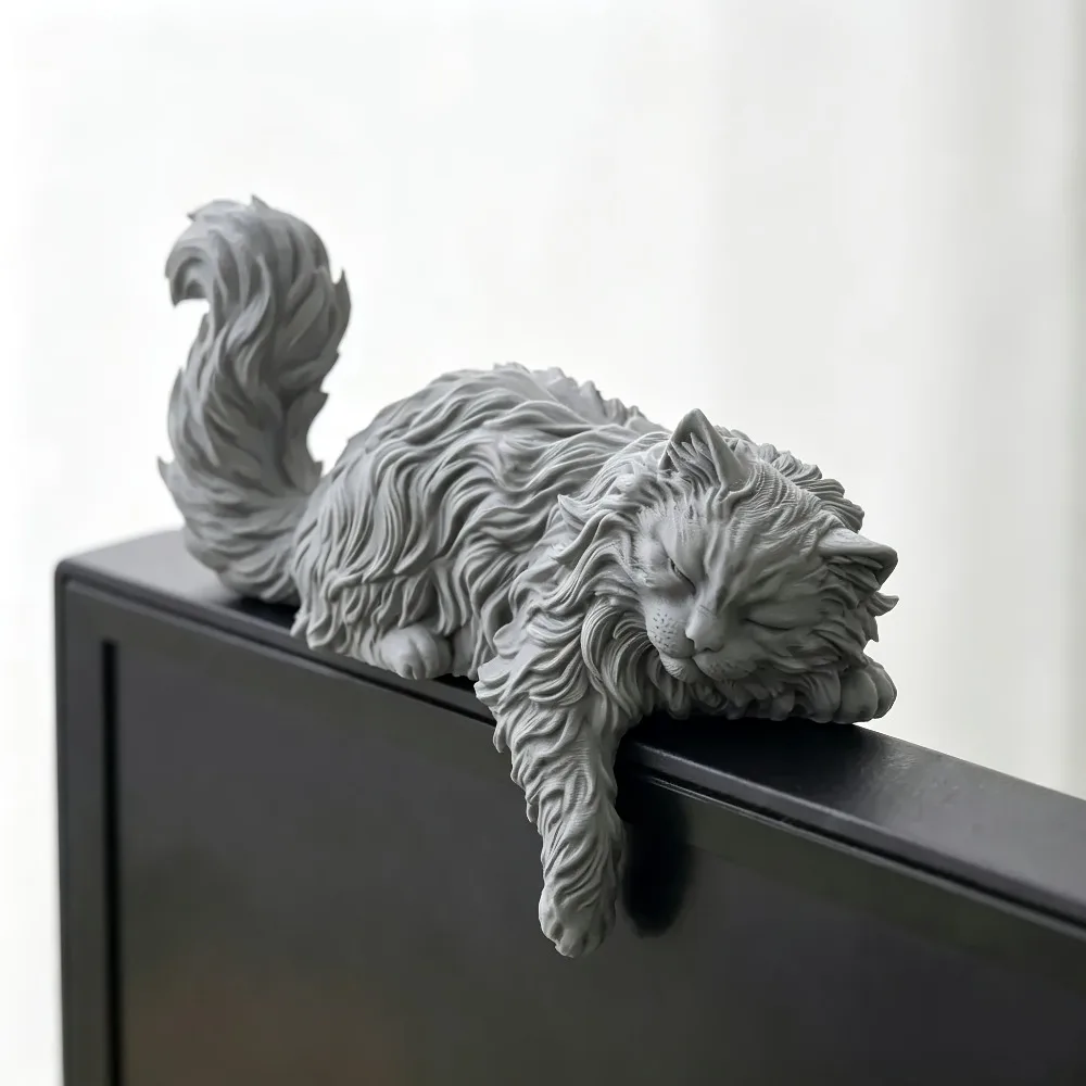 Cute Long Hair Sleeping Cat Figurine 3D Printed Mini Pet Computer Monitor Hanging Decor Desk Ornament for Home Office Decor Gift