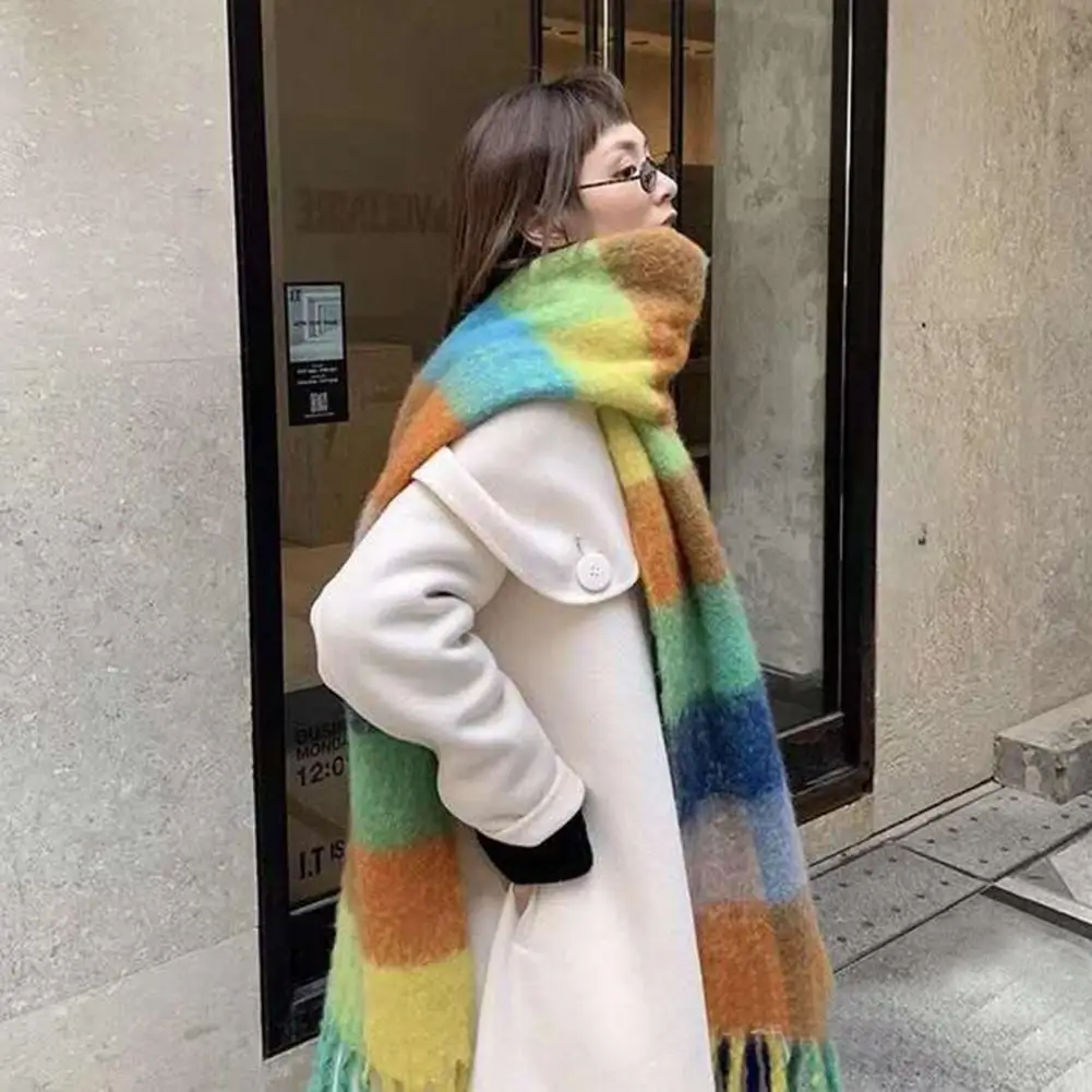 Women Scarf Colorful Rainbow Plaid Neckerchief Fringed Thick Tassels Fuzzy Double-sided Warm Soft Winter Adults Long Scarf Shawl