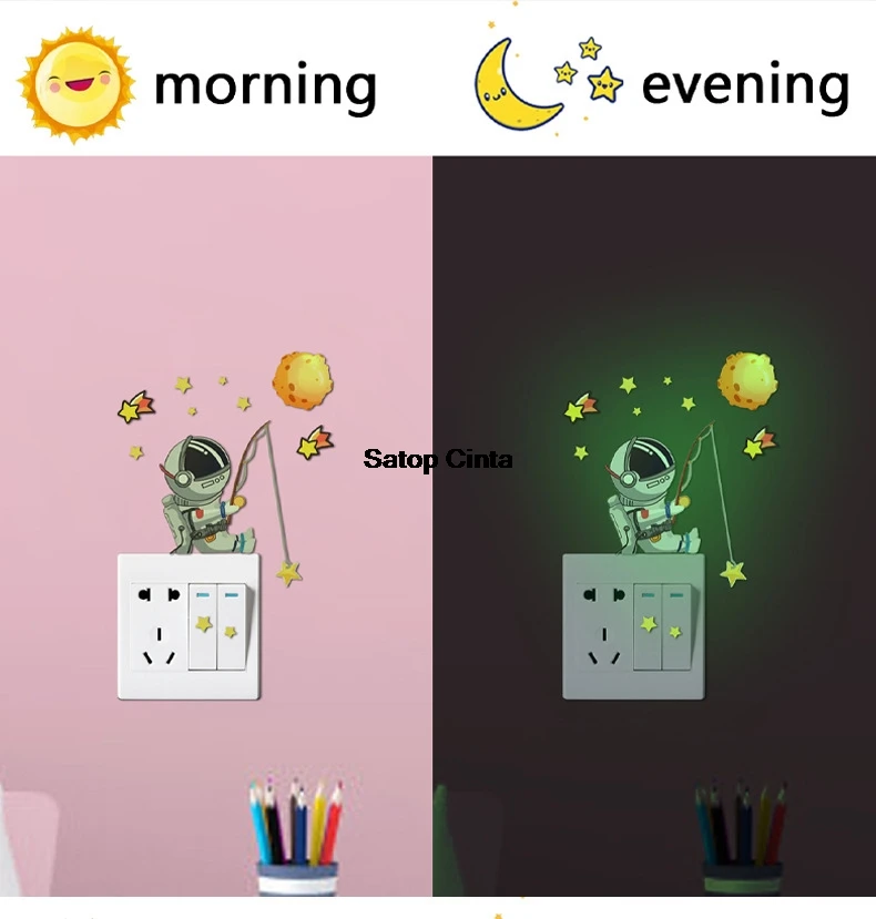 1Pcs Glow in The Dark Astronaut Fishing Meteor Wall Decals Blue Pink Green Stickers 14cm Luminous Space Switch Decal For Bedroom