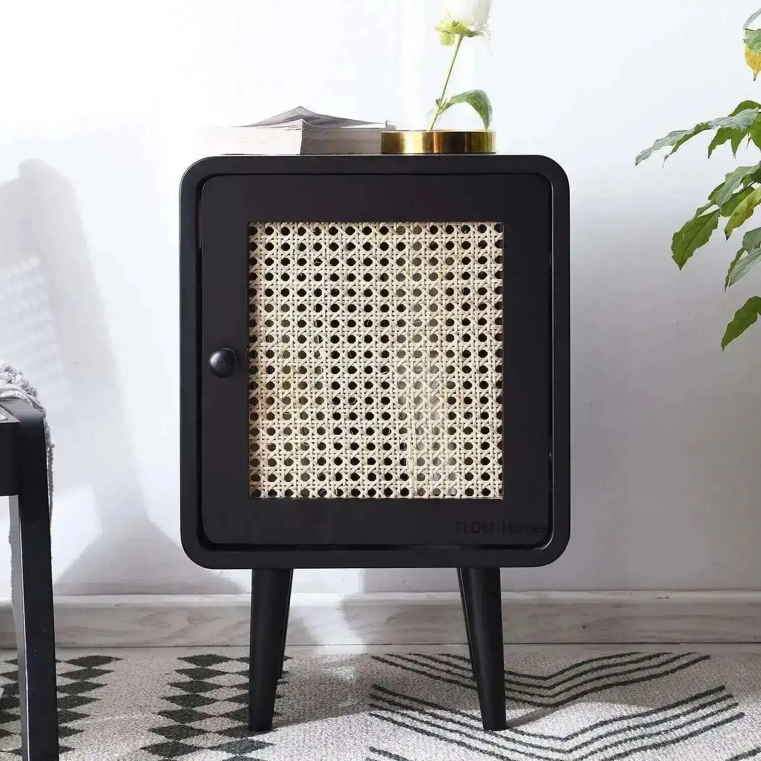 Japanese Rattan Bed Side Table Retro Nightstand Wood Bedside Tables Small Square Table Storage Cabinet Sofa Small Side Cabinet