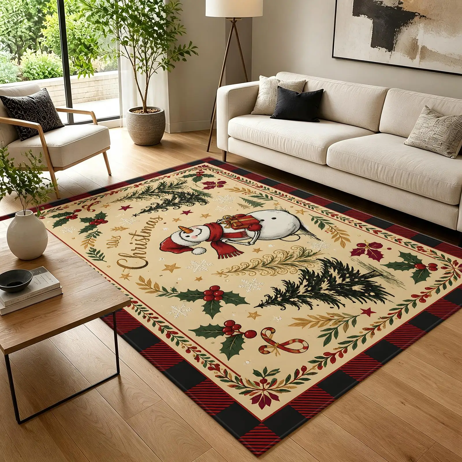 1pc Vintage Snowman Border Plaid Area Rug, Red & Black, Low Pile Non Slip Machine Washable Indoor Mat, Soft for Living Room