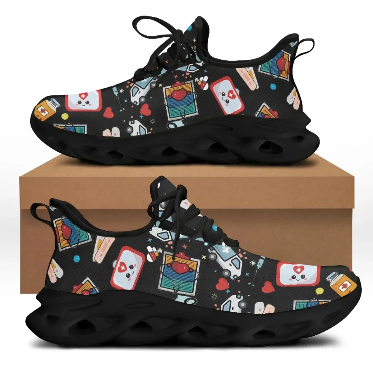 Cute Cartoon Nurse Girl Medical Design Women Lace Up Sneaker Free Mesh Flat Shoes For Ladies Zapatillas Hot