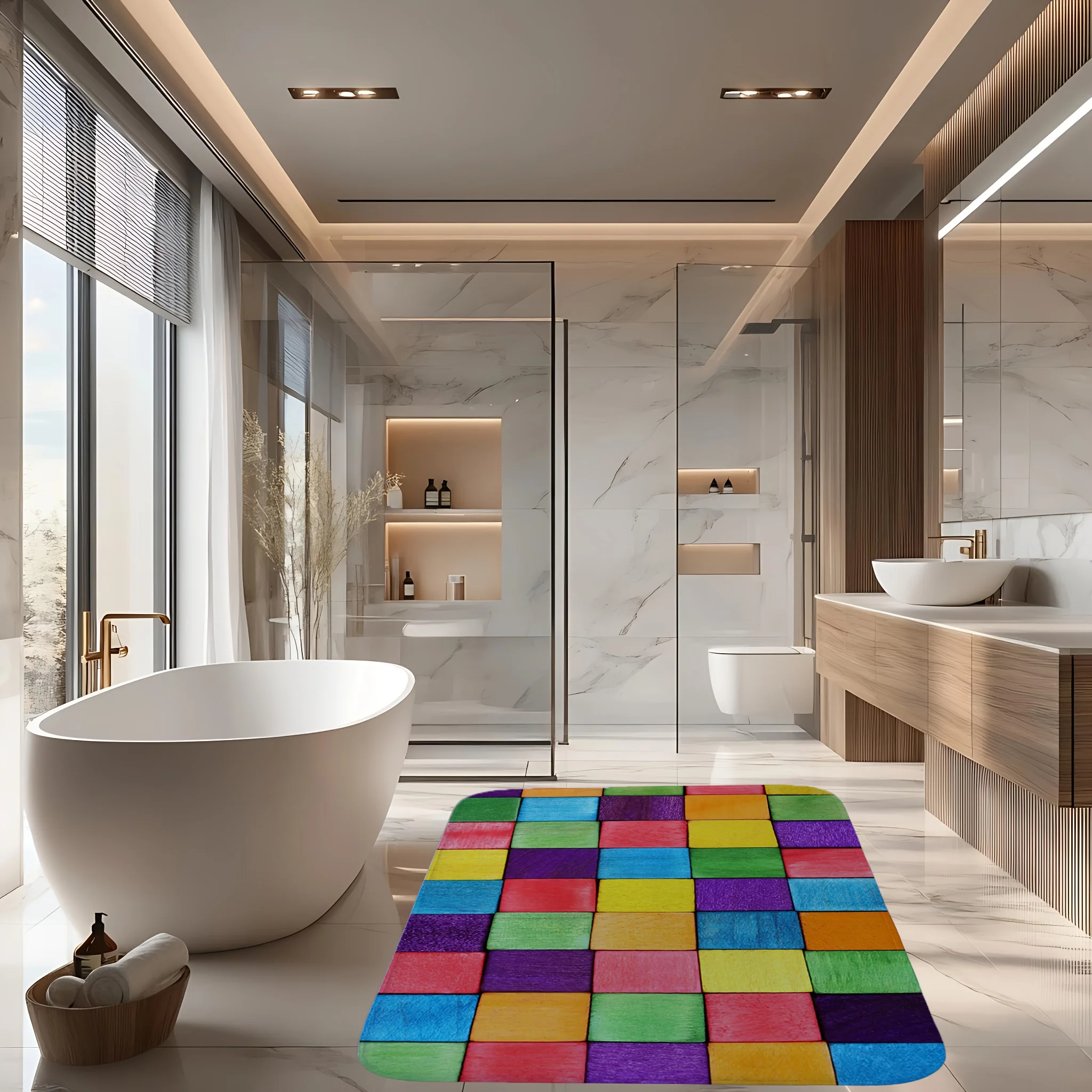 VIKAMA Colorful Checkered Bathroom Mat Machine Washable Bathroom Shower Room Anti slip Water absorbing Carpet Home Decoration