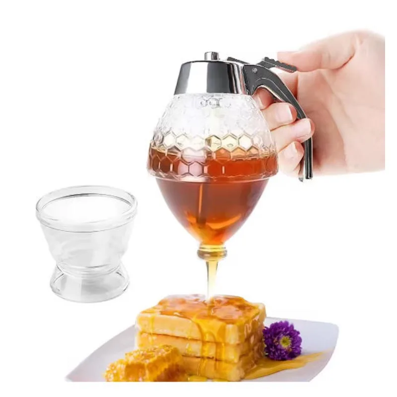 

8 oz honey dispenser syrup drip free sugar pour bottle jar with holder plastic honey bucket jar dispenser