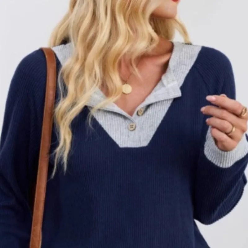 Nouveaux chemisiers pour femmes T-shirt printemps automne mode contraste couleur faux deux pièces couture POPL revers décontracté ample à manches longues hauts