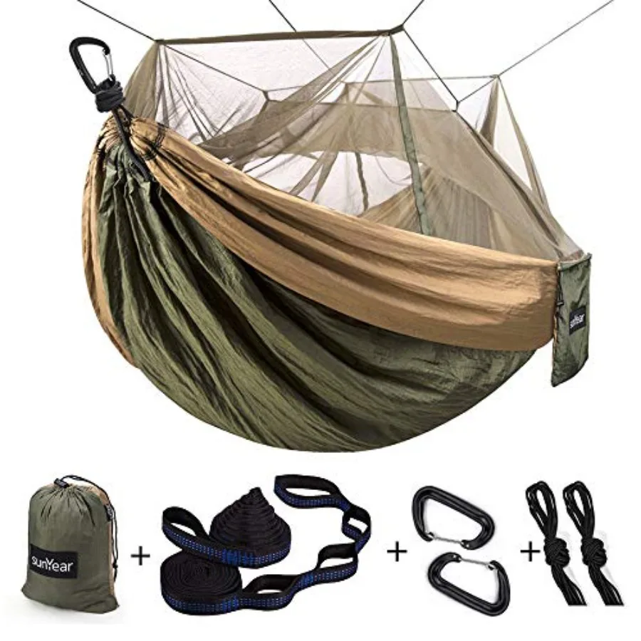 Camping Hammock, Portable Single and Double Hammock with Net, 2 Person Hammock Tent with 2 * 10ft Straps, Best for Outdoor Hiki