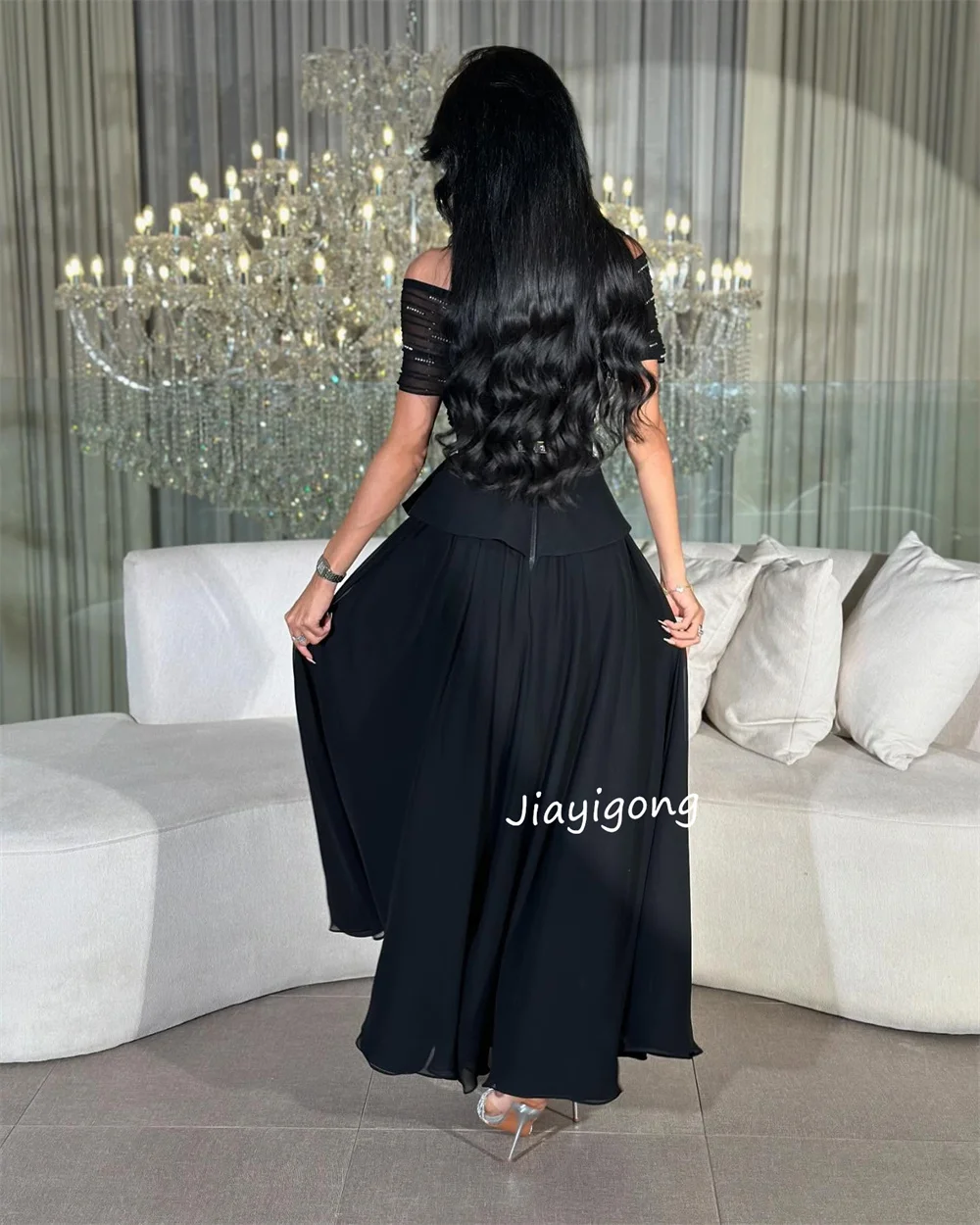 Gaun Panjang Off-the-shoulder A-line Berpayet Jersey Indah yang Disesuaikan dengan Acara Dipesan Lebih Dahulu Kualitas Tinggi