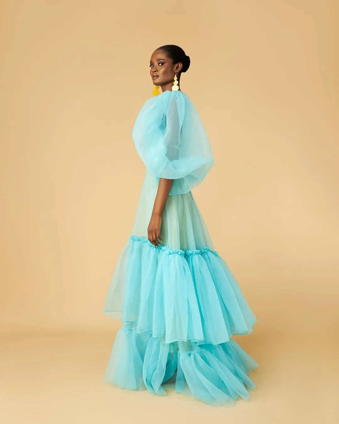 Couture Elegant Sky Blue Organza Long Women Maxi Dresses Half Puff Sleeves Tiered Bottom Female Party Gowns