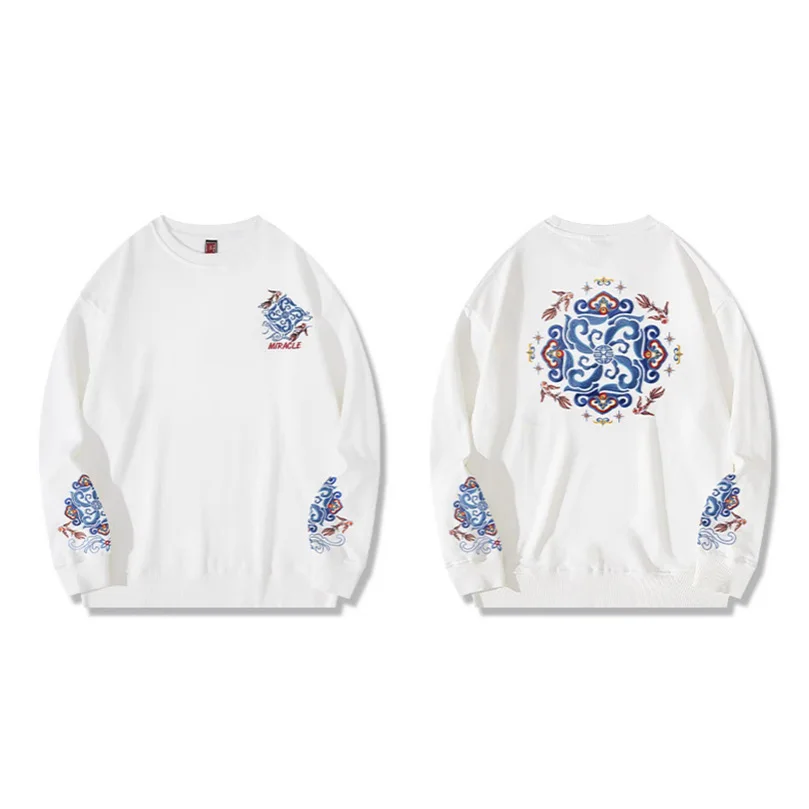 التطريز البلوز الرجال القطن Sukajan الفاخرة الذكور البلوز متماسكة ربيع الخريف الصبي هوديس س الرقبة سحب قميص العرق Z1