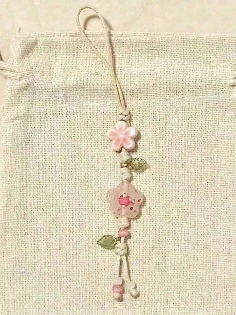 

Pink Floral Green Leaf Phone Lanyard Bag Pendant Keychain Camera Charm For Women